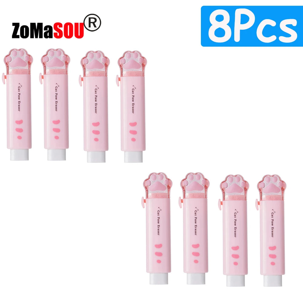 1-8Pcs New! Kawaii Cat Paw Rubber Erasers Retractable Pencil Eraser for Kids Students School Home Office Writing Drawing
