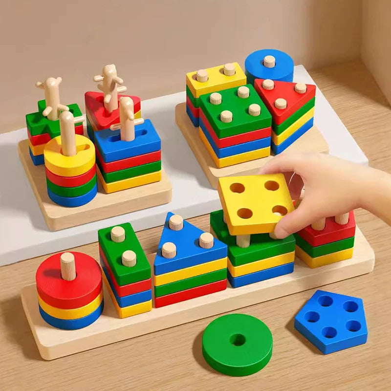 Montessori Wooden Block Toys Children Geometric Shape Color Sorter Block Puzzles Toddler Sorting Math Bricks Stacking Toys