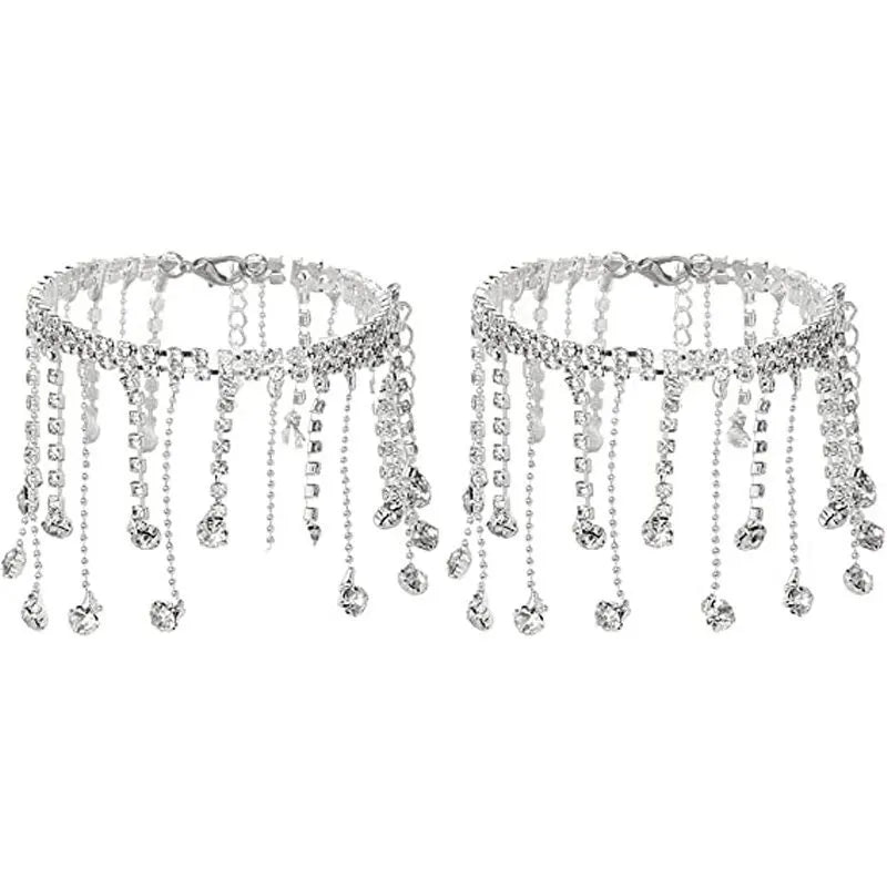 TASSERA - 
2pcs Boho Rhinestone Ankle Bracelet on leg Foot Jewelry for Women Drop Crystal Tassel Anklet High Heeled Tennis Foot Chain