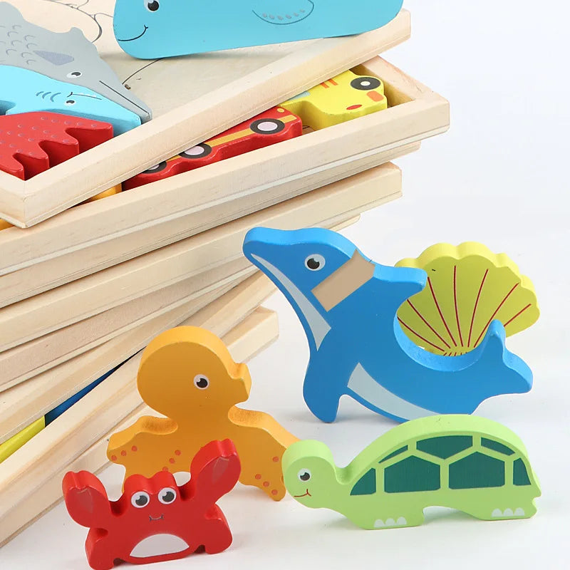 Children Montessori Wooden Toys Block Cartoon Animal Three-dimensional Jigsaw Puzzle Early Education Grab Board  3d Puzzle Toys