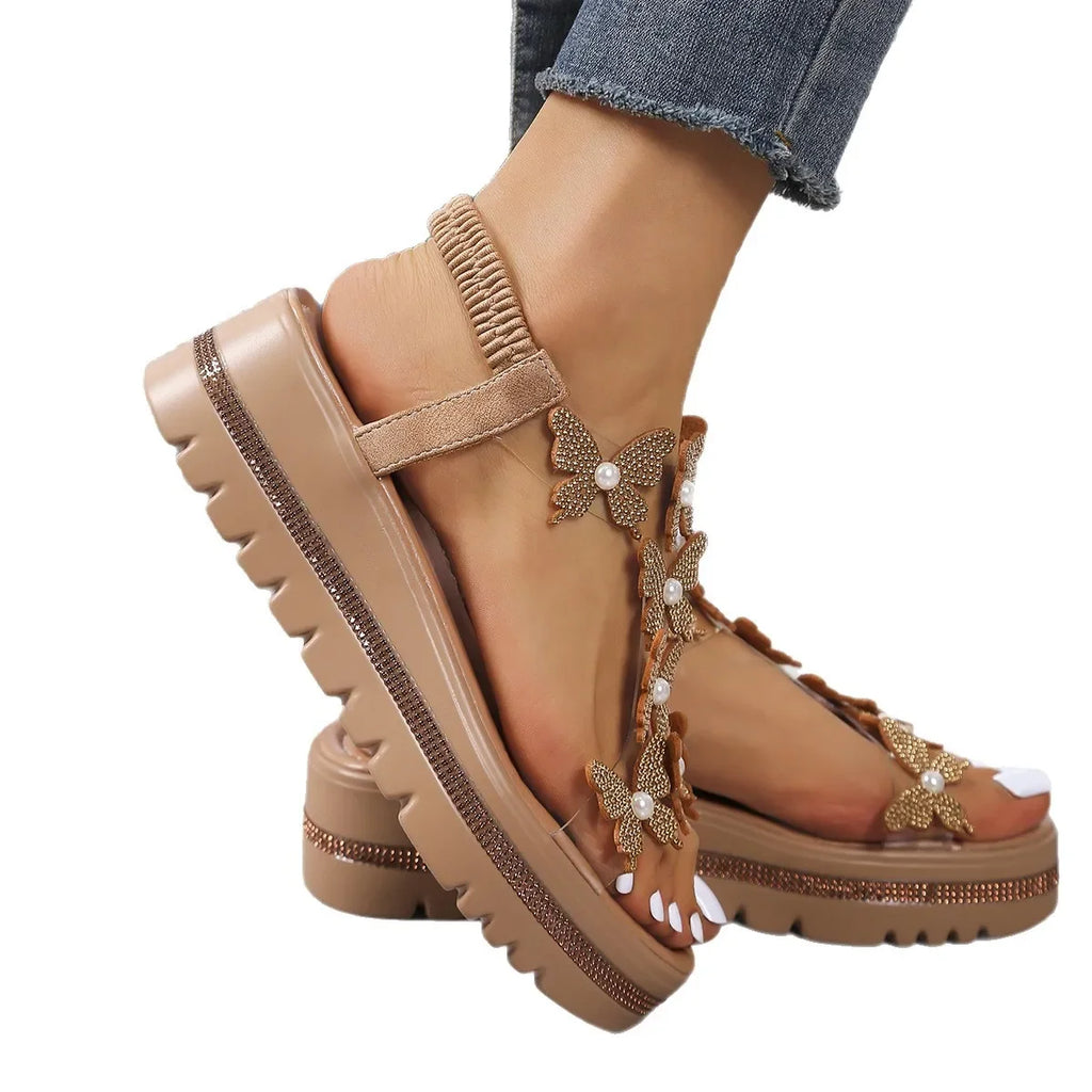 RHINORA - 
Ladies Black Thick Heel Sandals Butterfly Rhinestone Embellished Open Toe Elastic Strap Slip-On Shoes Suitable for Summer