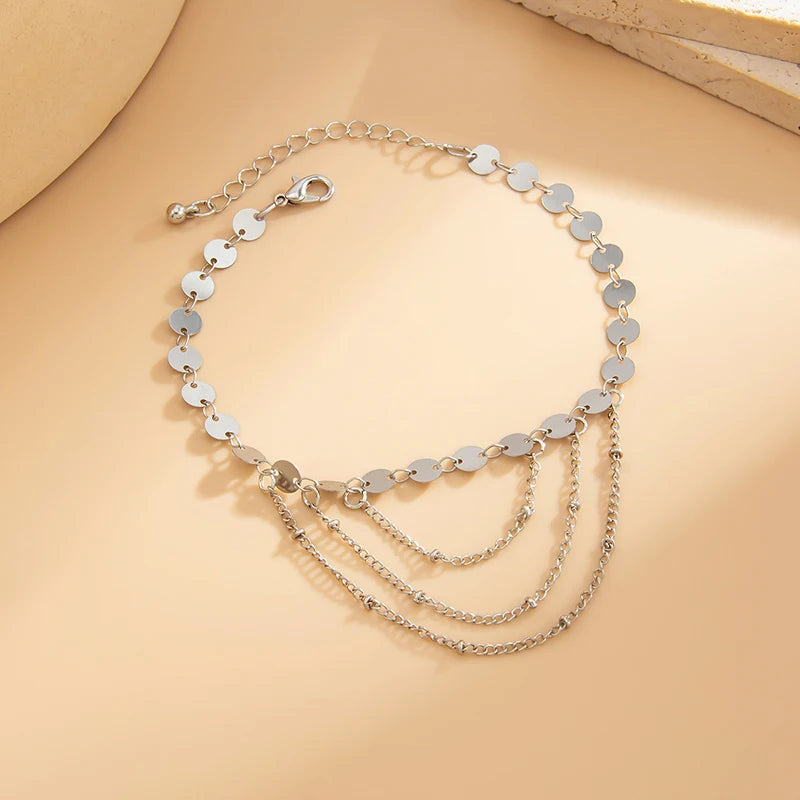 SEQUINA - 
Retro Metal Sequin Layered Anklets for Women Multi-Layer Tassel Simple Bead Round Ankle Chain Beach Travel Jewelry Accessories