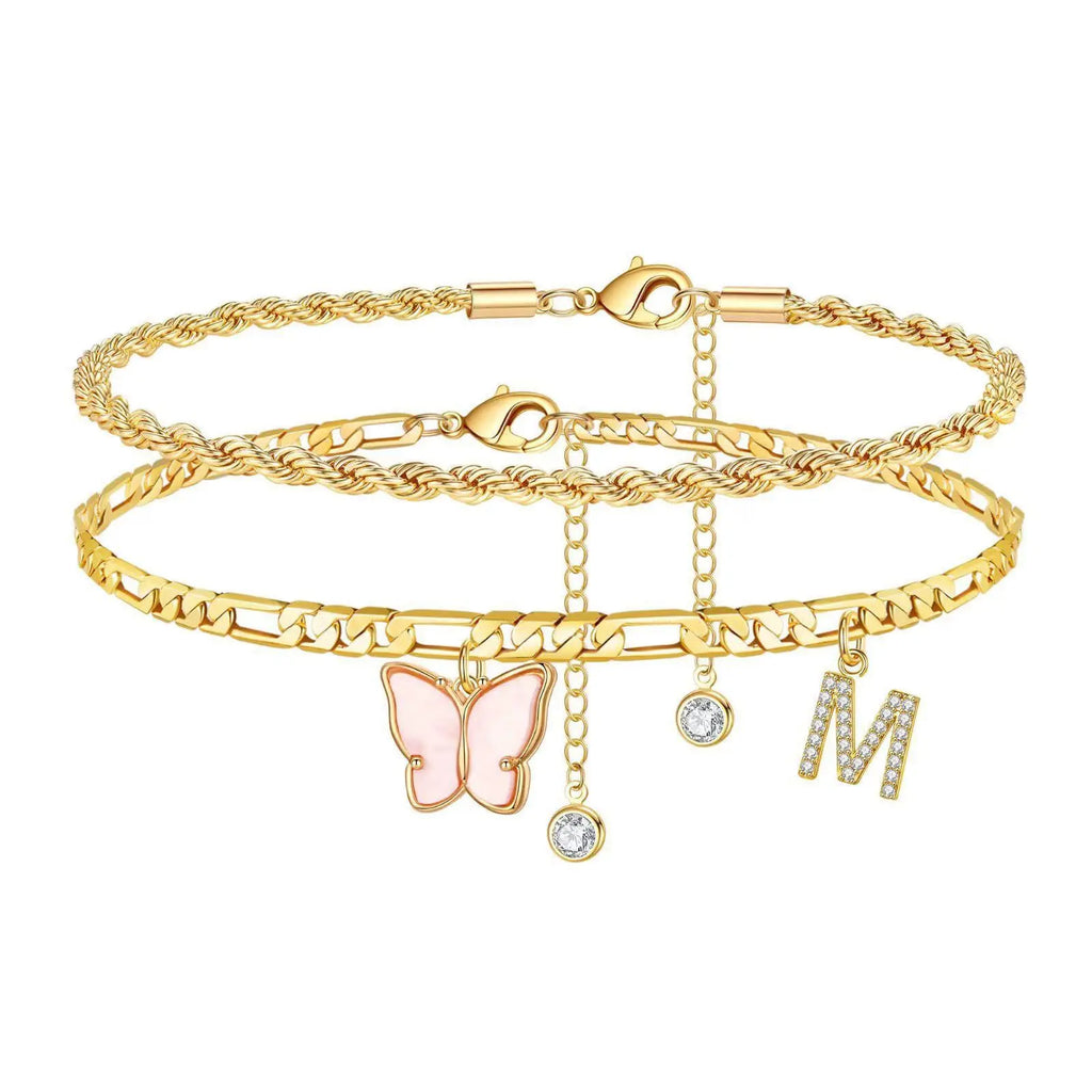 NOVAFLY - 
2Pcs Stainless Steel Initial Anklet Set For Women 26 Letter Acrylic Butterfly Charm Chain On Foot Summer Ankle Bracelet Jewelry