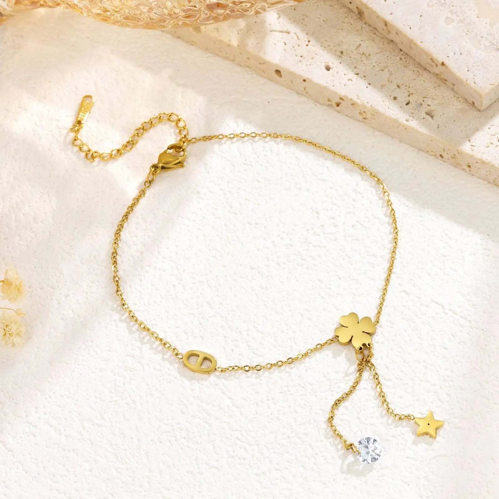 Charmora - Lucky Four Leaf Clover Pig Nose Ankle for Women Girls Gifts Gold Color Foot Chain Stainless Steel Jewelry Accessories