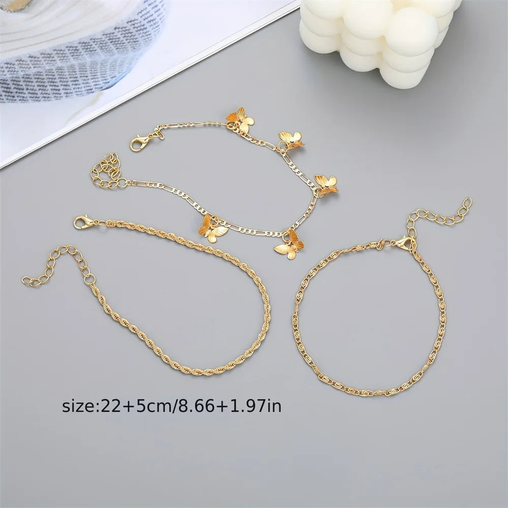 SeaButterfly - 1-3pcs Simple Metal Chain Butterfly Pendant Anklet for Women Adjustable Layered Vintage Minimalist Beach Anklet Set Foot Jewelry