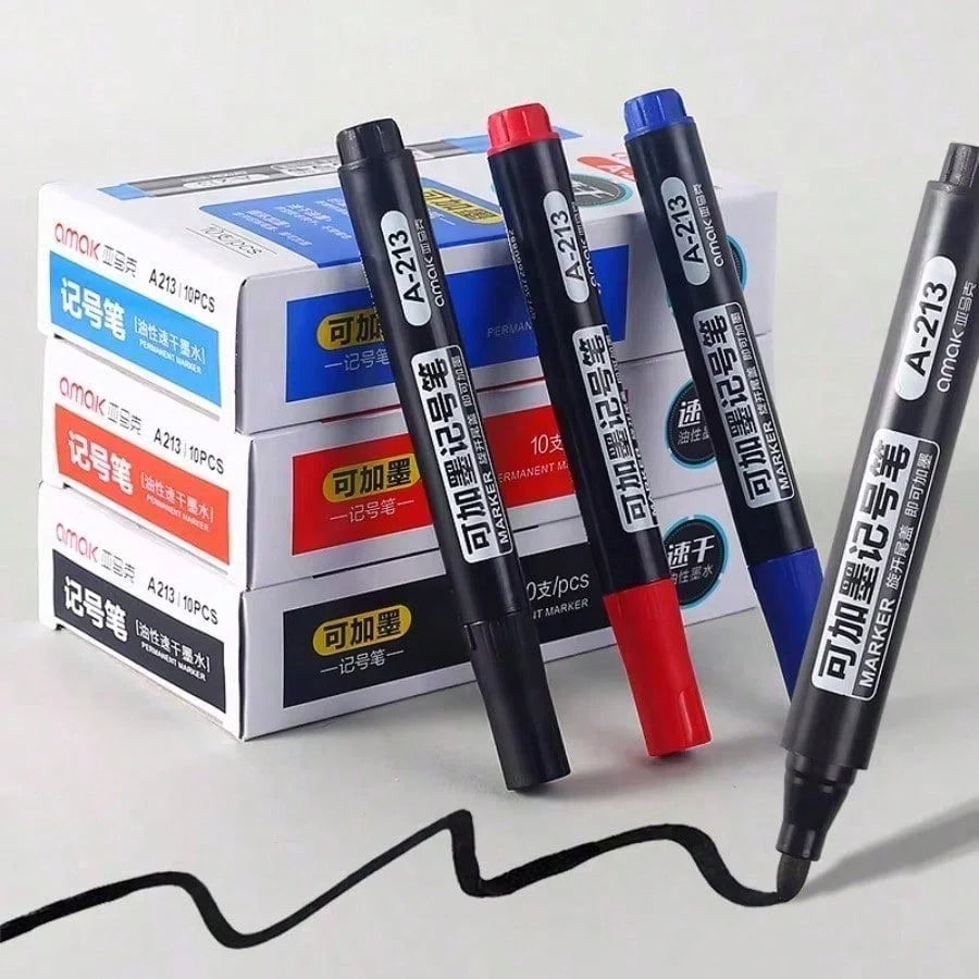 3/5/10 Pcs Permanent Oil-Based Marker Pens Black/Red/Blue - For Metal Wood Plastic Ceramic More - Office Stationery Use