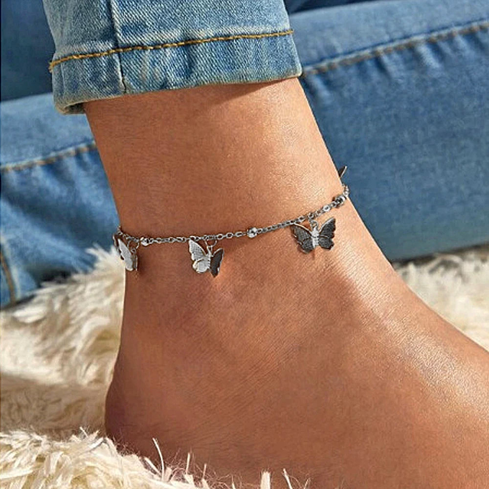 SeaButterfly - 1-3pcs Simple Metal Chain Butterfly Pendant Anklet for Women Adjustable Layered Vintage Minimalist Beach Anklet Set Foot Jewelry