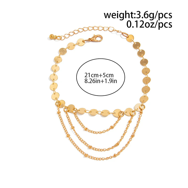 SEQUINA - 
Retro Metal Sequin Layered Anklets for Women Multi-Layer Tassel Simple Bead Round Ankle Chain Beach Travel Jewelry Accessories