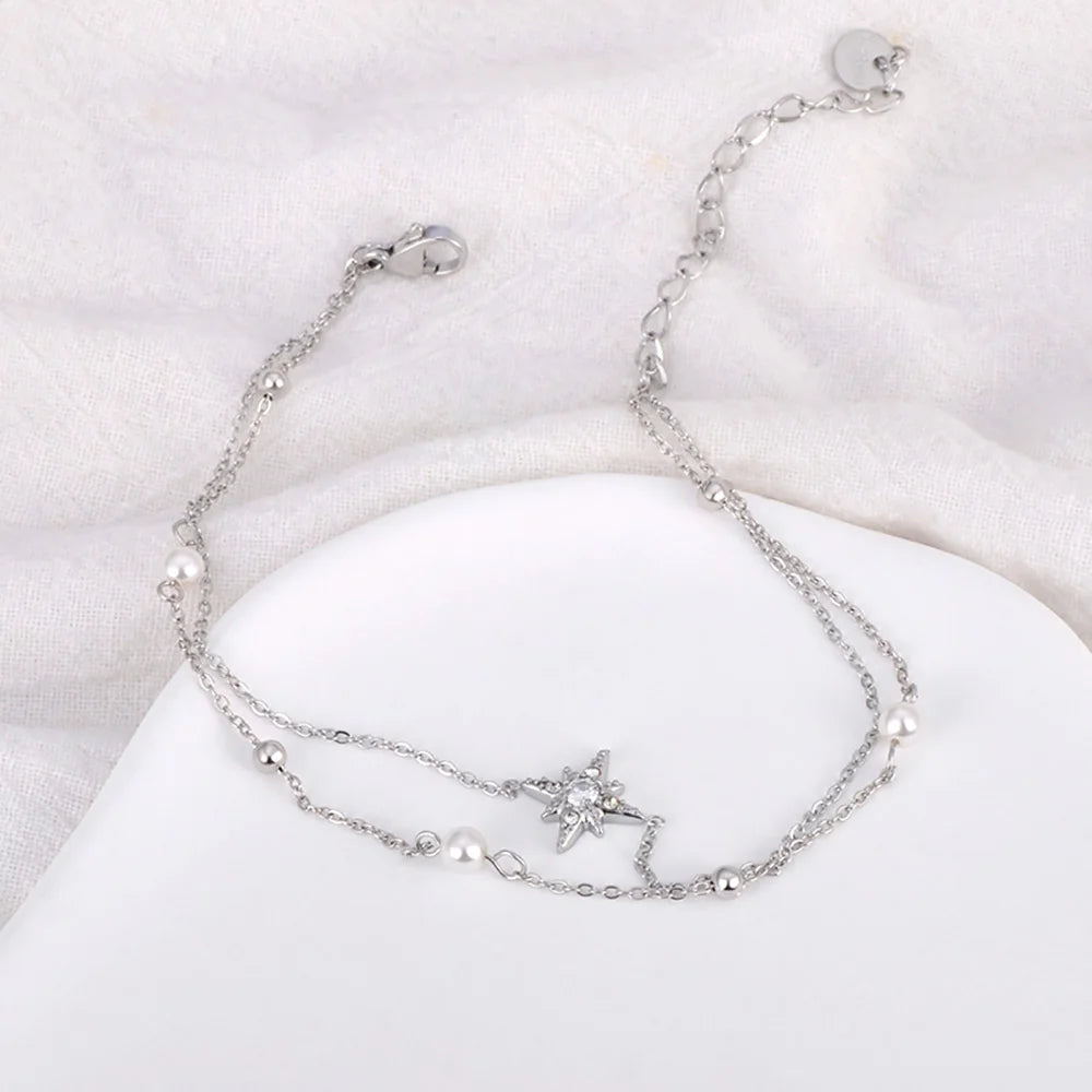 Bohera- 
Lokaer Boho Double Layer White Pearl Chain Link Anklet For Women 316L Stainless Steel CZ Crystal Star Jewelry Ножные цепи A24018