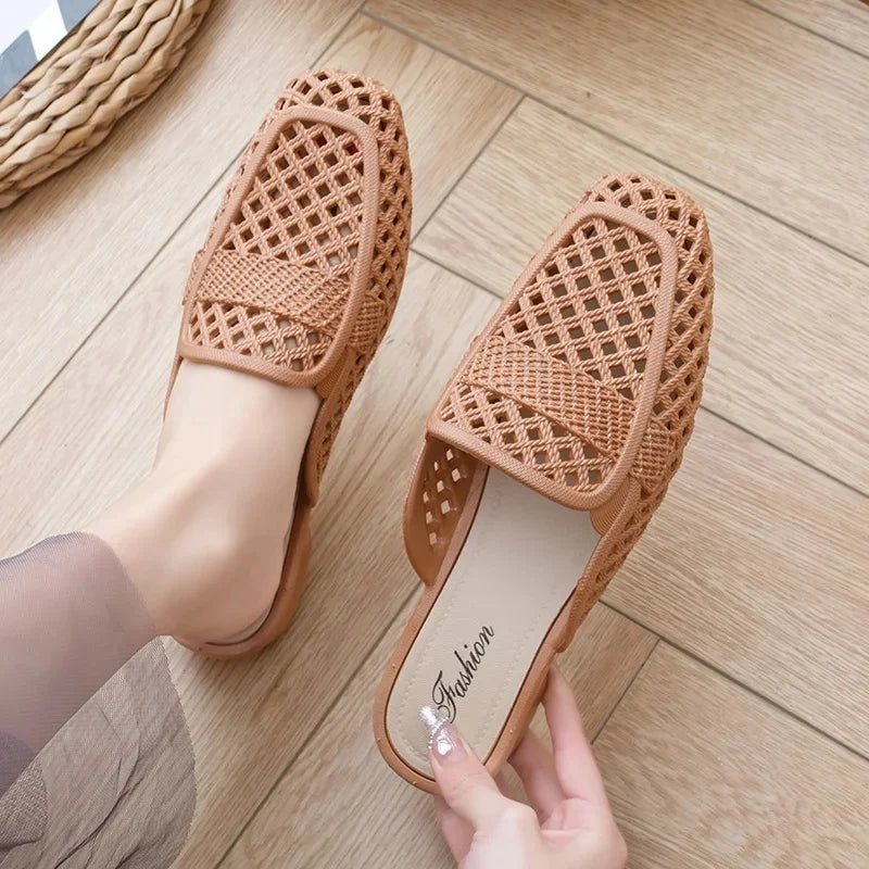 HALOVA - 
2025 New Women's Flat Sandals Open-Toe Summer Fashionable Half Slippers Solid Color Casual Hollow out Flat Bottom Shoes