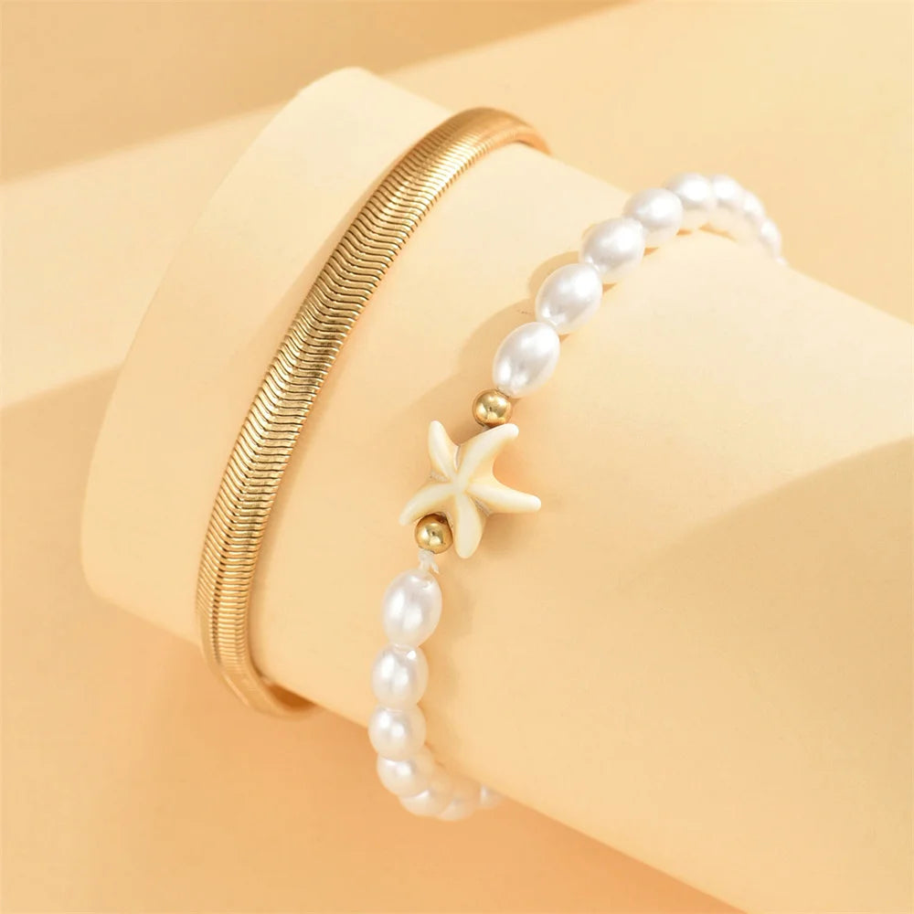ONYXIA - 
Snake Bone Foot Chain Simulated Pearl Starfish Anklets For Women Trendy Gold Color Ankle Bracelet Beach Jewelry Summer Accessory