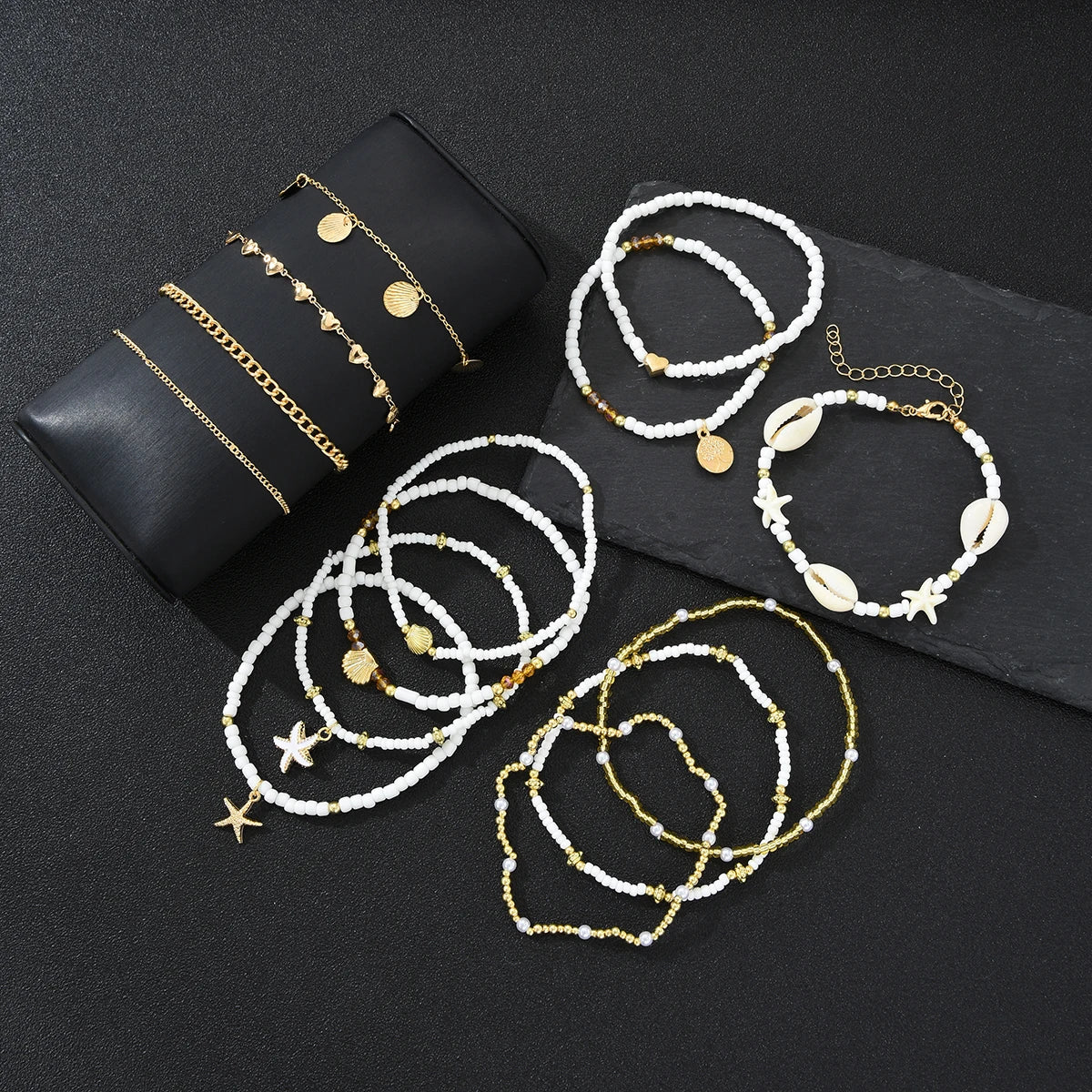 SHELLA - 
14Pcs/Set Bohemian Rice Beads Starfish Shell Anklet Sets for Women Retro Gold Color Multilayer Foot Chain Vacation Jewelry Gifts