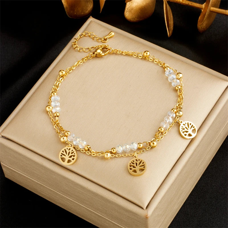 Dorelle - 
DIEYURO 316L Stainless Steel Gold Color Double Layer Tree Charm Anklets For Women Girl New Trend Leg Chain Waterproof Jewelry