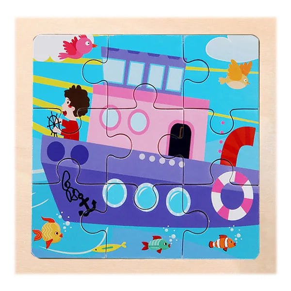 9 Pieces Wooden Puzzle Cartoon Dinosaur Transportation Montessori 3d Puzzle Game Early Learning Educational Toys for Children