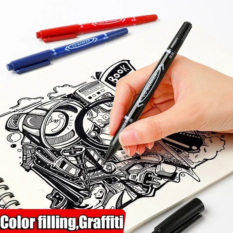 10Pcs Double Tip Permanent Markers Pens Waterproof Oily Fine Tip Black Painting Marker Graffiti Marking Pens School Supplies