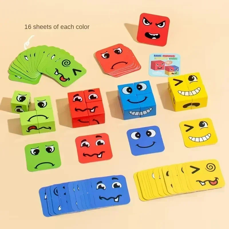 Kids Face Change Expression Puzzle Building Blocks Montessori Cube Table Game Toy Wooden Educational Toys for Children Gifts