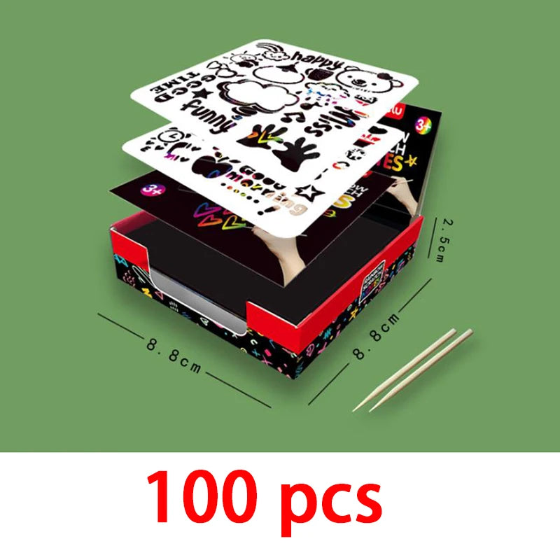 100/10pcs Rainbow Scratch Mini Notes Paper Pad Cards With 2 Stylus 2 Drawing Stencil Children Kids Draw Painting Toys Craft Gift