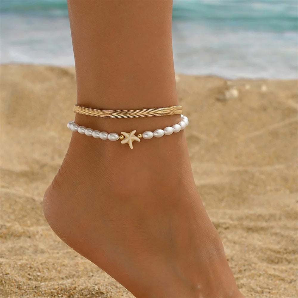 ONYXIA - 
Snake Bone Foot Chain Simulated Pearl Starfish Anklets For Women Trendy Gold Color Ankle Bracelet Beach Jewelry Summer Accessory