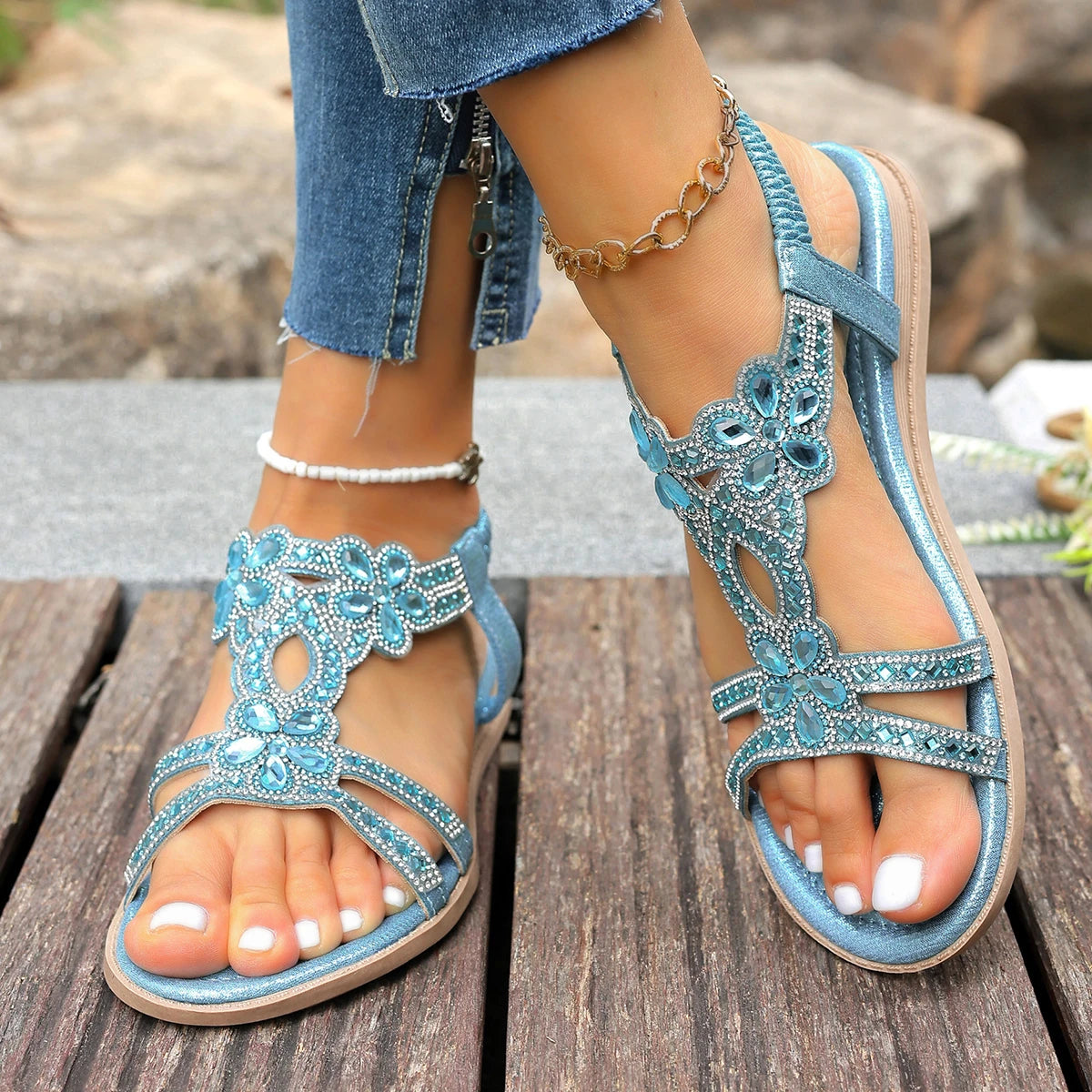 SANDORA - 
New Crystal Wedge Gladiator Sandals Women Summer Elastic Band Open Toe Sandals Plus Size Casual Beach Shoes for Woman