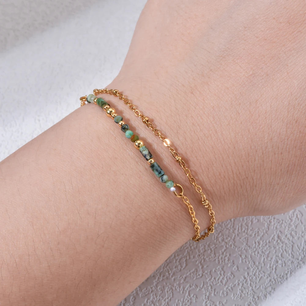 Lunara - Thin Boho 18K Gold PVD Plated Stainless Steel Chain Bracelets for Women Charm Lapis Lazuli Turquoise Natural Stone Jewelry Gift
