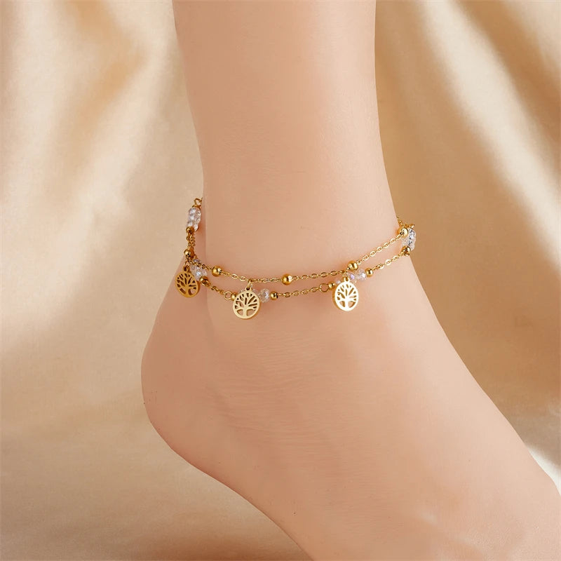 Dorelle - 
DIEYURO 316L Stainless Steel Gold Color Double Layer Tree Charm Anklets For Women Girl New Trend Leg Chain Waterproof Jewelry