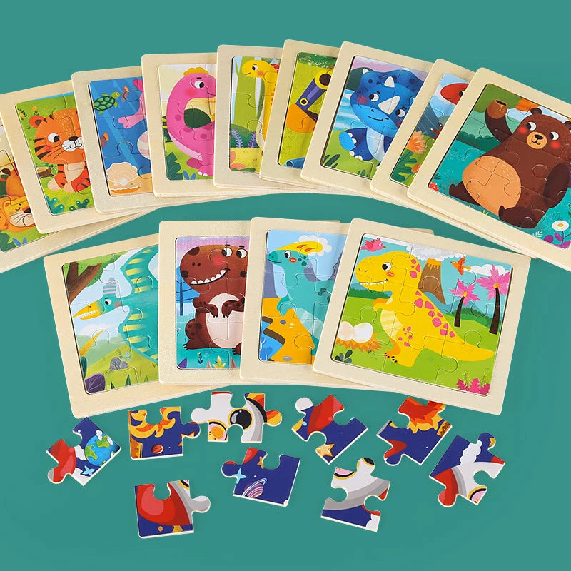 9 Pieces Wooden Puzzle Cartoon Dinosaur Transportation Montessori 3d Puzzle Game Early Learning Educational Toys for Children