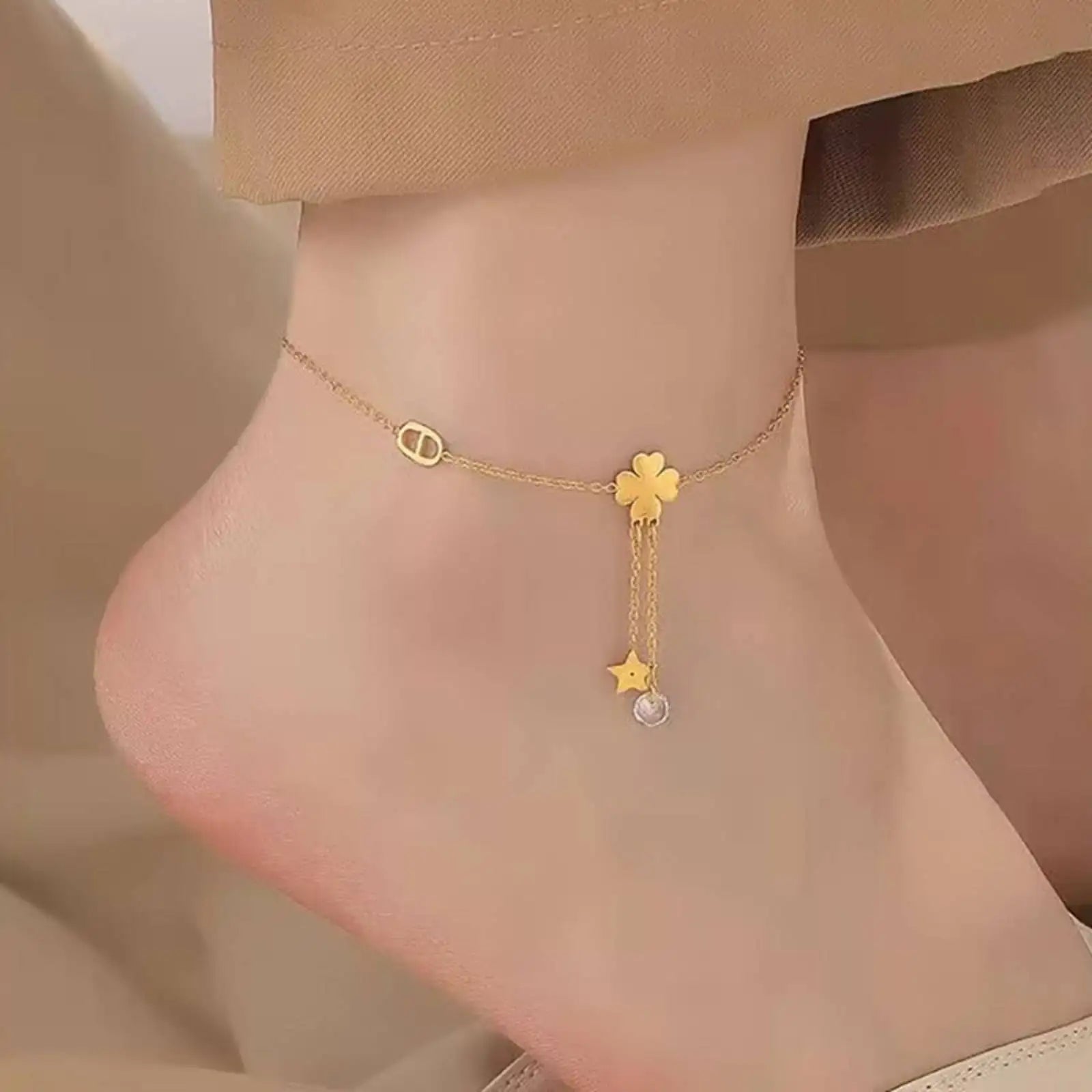 Charmora - Lucky Four Leaf Clover Pig Nose Ankle for Women Girls Gifts Gold Color Foot Chain Stainless Steel Jewelry Accessories