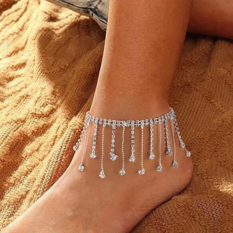 TASSERA - 
2pcs Boho Rhinestone Ankle Bracelet on leg Foot Jewelry for Women Drop Crystal Tassel Anklet High Heeled Tennis Foot Chain