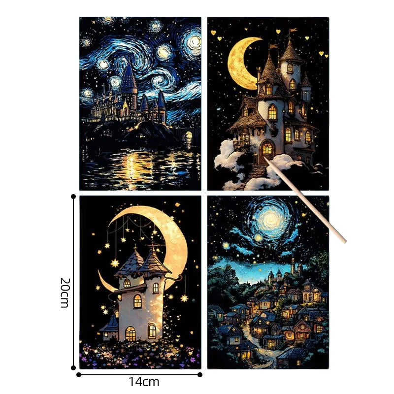 4PCS Glow in Dark Scratch Paper Animals Cards Magic Painting Art with Stylus Stress Relief Drawing Toy DIY Craft Kids Adult Gift