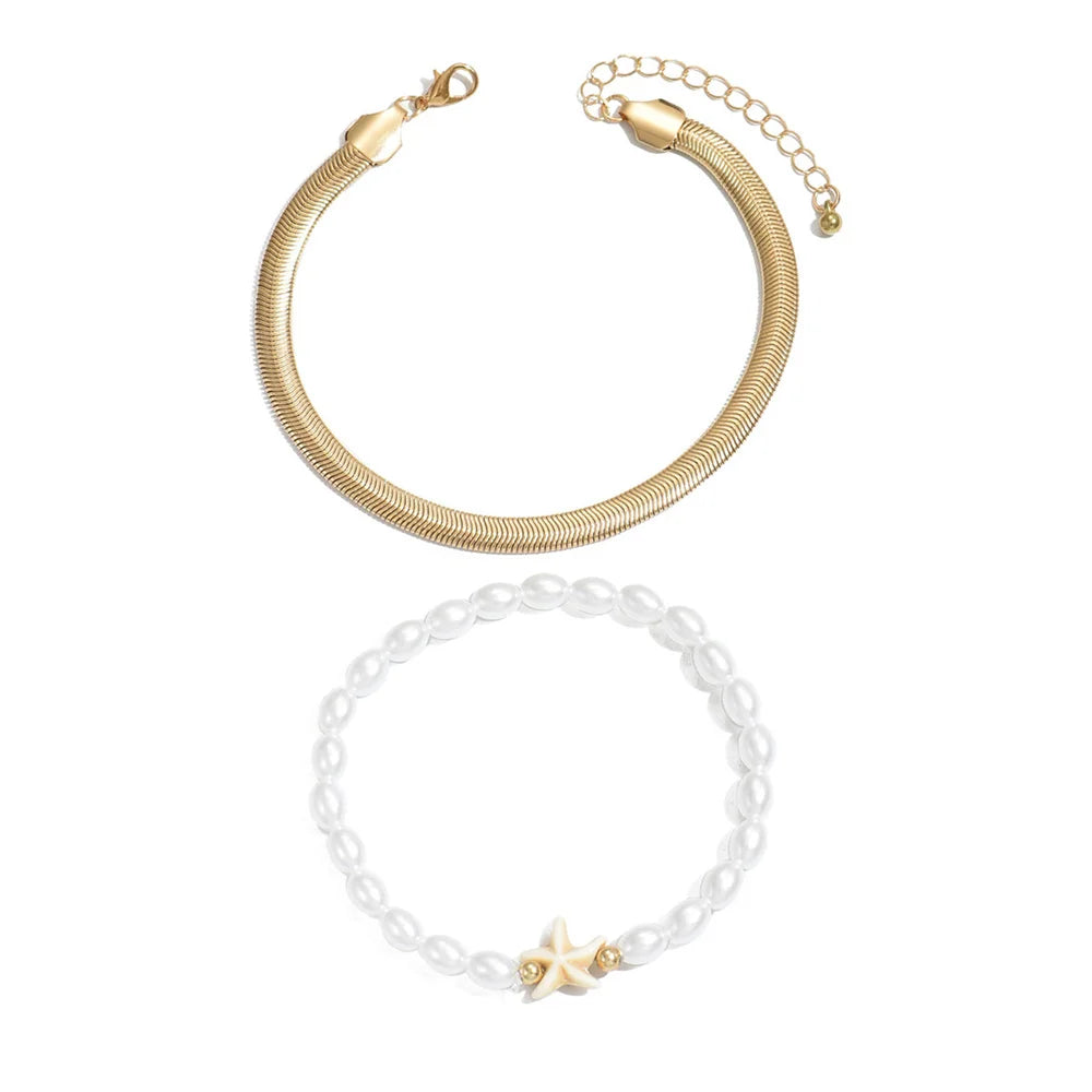ONYXIA - 
Snake Bone Foot Chain Simulated Pearl Starfish Anklets For Women Trendy Gold Color Ankle Bracelet Beach Jewelry Summer Accessory