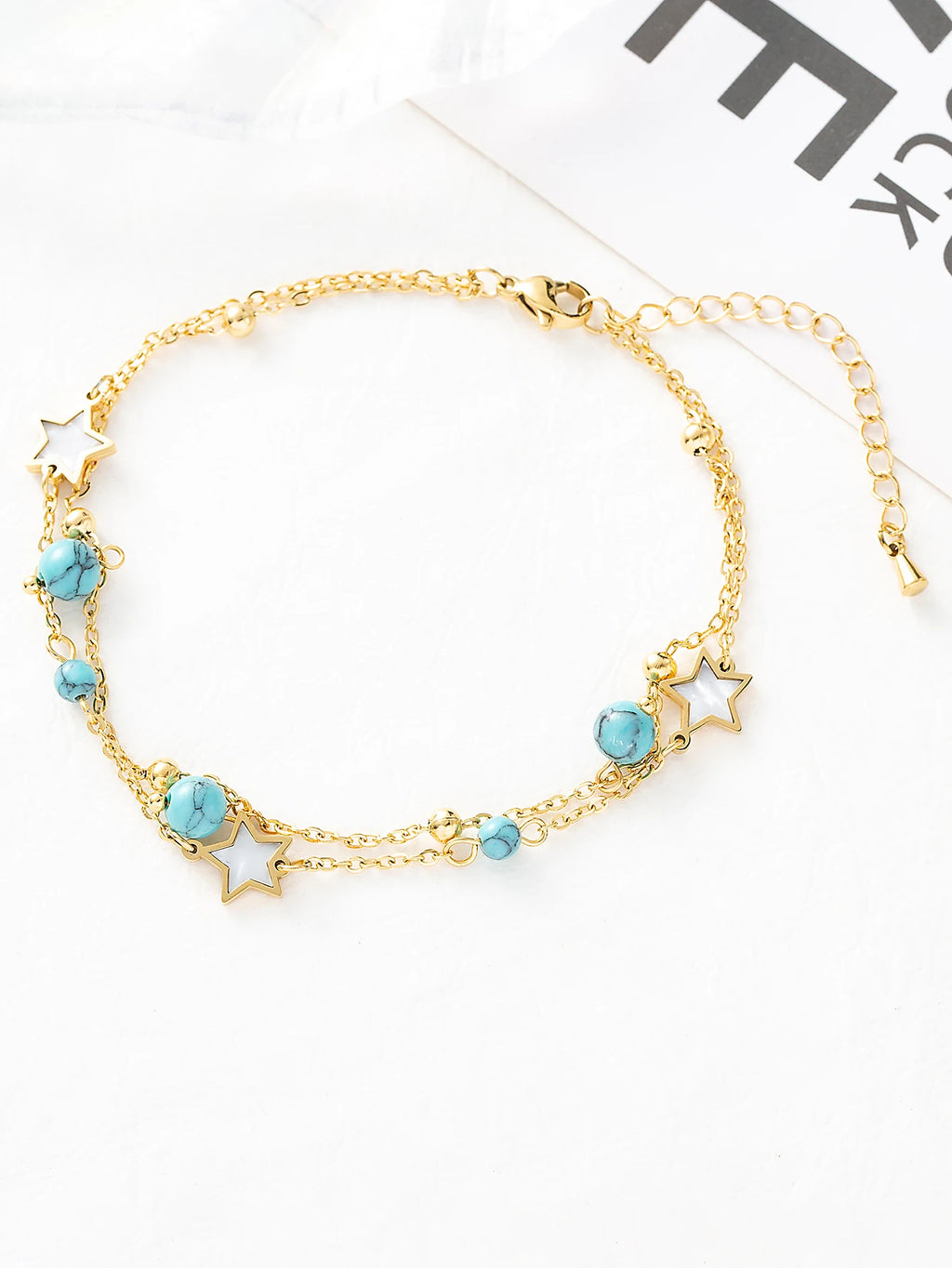 SERÉA - 
1 set of Turquoise inlaid star devil's eye lady's ankle chain stainless steel plated 18K gold ankle layered chain chain