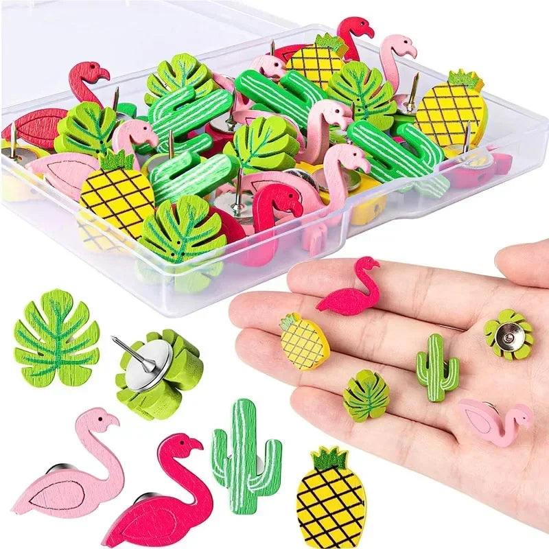 30PCS Decorative Push Pins Wood Push Pins for Home Office Cork Board Tropical Elements Flamingo Pineapple Cactus Palm Leaf