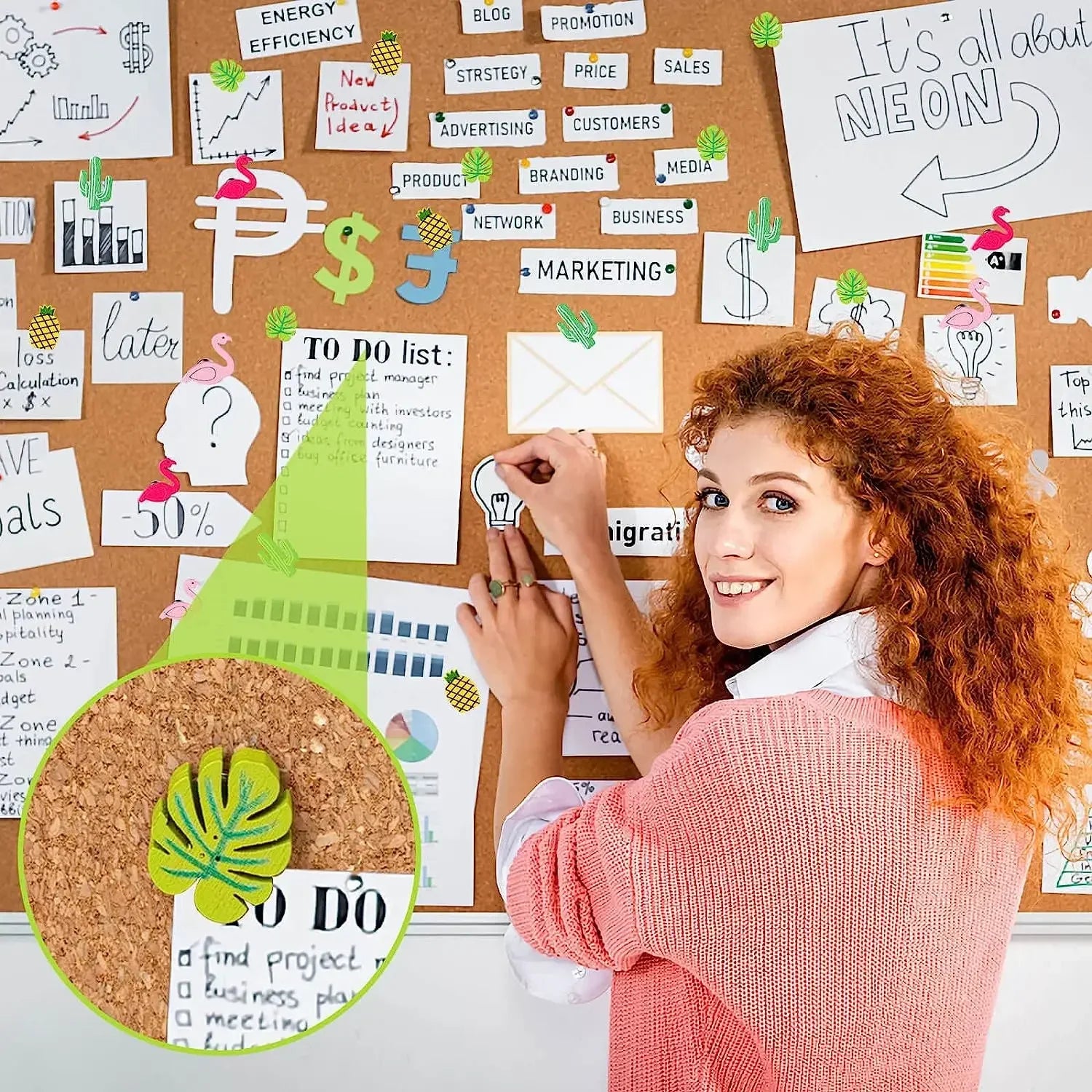 30PCS Decorative Push Pins Wood Push Pins for Home Office Cork Board Tropical Elements Flamingo Pineapple Cactus Palm Leaf