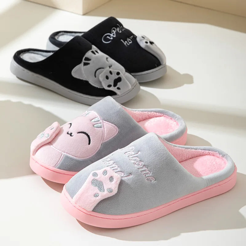 MeowSoft - Winter Warm Fur Slippers Cartoon Cat Non-Slip Women and Men Soft House Indoor Home Bedroom Boys Girl Memory Foam Floor Shoes
