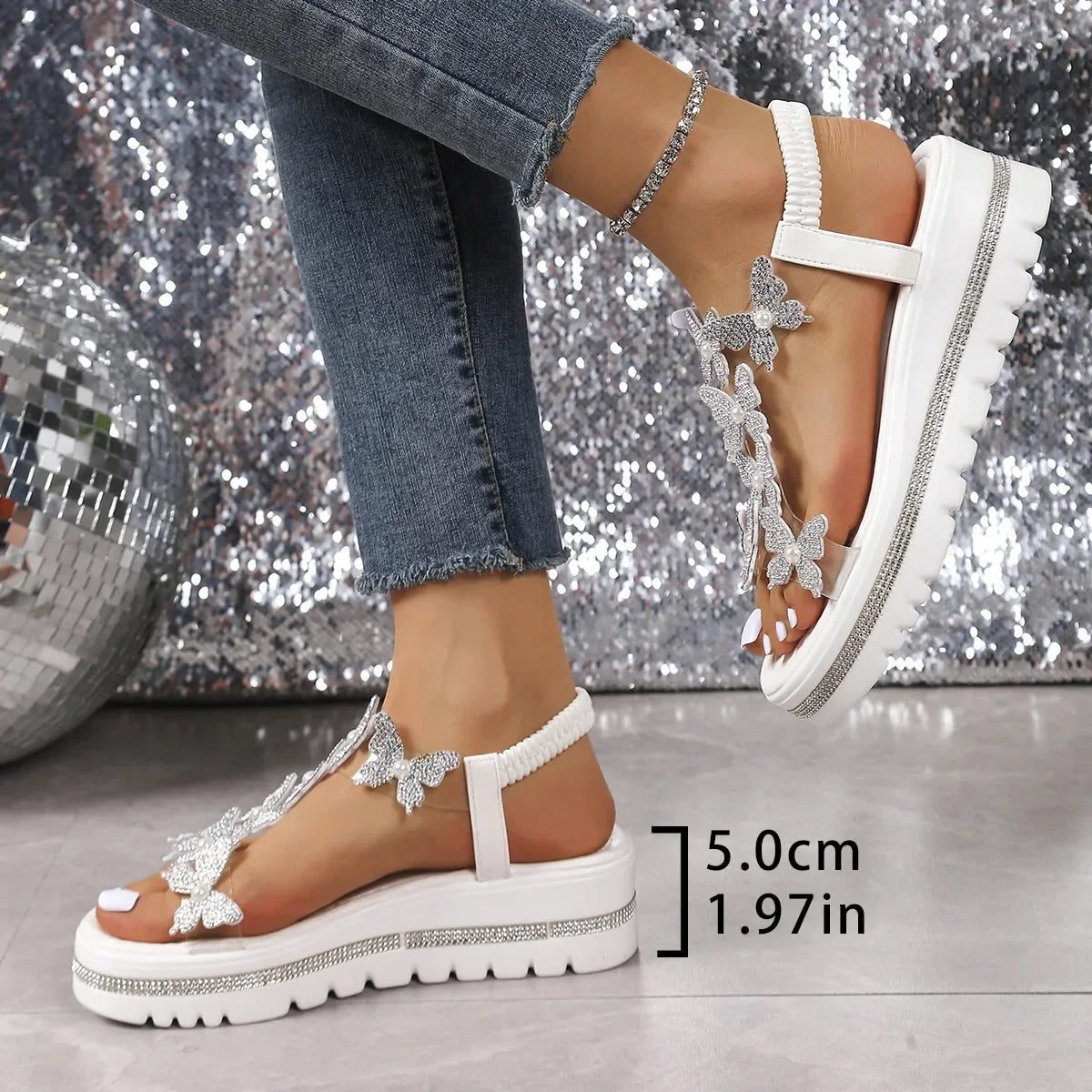 RHINORA - 
Ladies Black Thick Heel Sandals Butterfly Rhinestone Embellished Open Toe Elastic Strap Slip-On Shoes Suitable for Summer