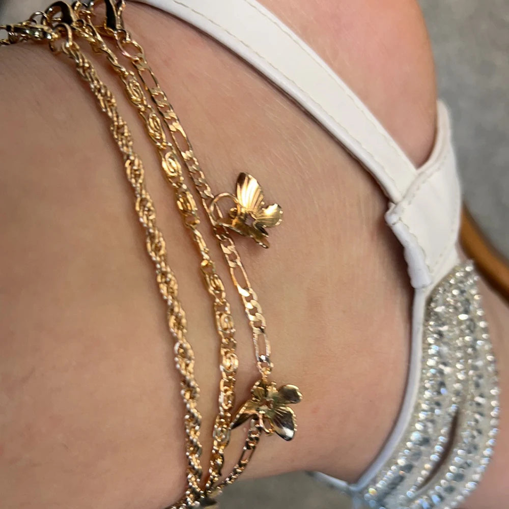 SeaButterfly - 1-3pcs Simple Metal Chain Butterfly Pendant Anklet for Women Adjustable Layered Vintage Minimalist Beach Anklet Set Foot Jewelry