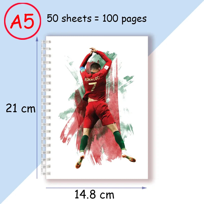A5 Spiral Notebook Sporty Soccer-Themed Cristiano Ronaldo -100 Pages Journal Perfect Gift for Football Enthusiasts Sport Fans ﻿