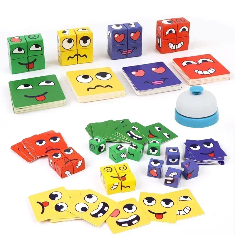 Kids Face Change Expression Puzzle Building Blocks Montessori Cube Table Game Toy Wooden Educational Toys for Children Gifts