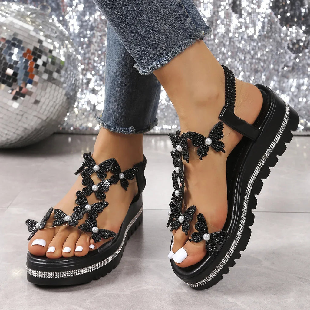 RHINORA - 
Ladies Black Thick Heel Sandals Butterfly Rhinestone Embellished Open Toe Elastic Strap Slip-On Shoes Suitable for Summer