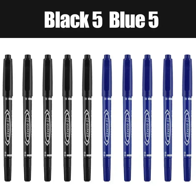 10Pcs Double Tip Permanent Markers Pens Waterproof Oily Fine Tip Black Painting Marker Graffiti Marking Pens School Supplies