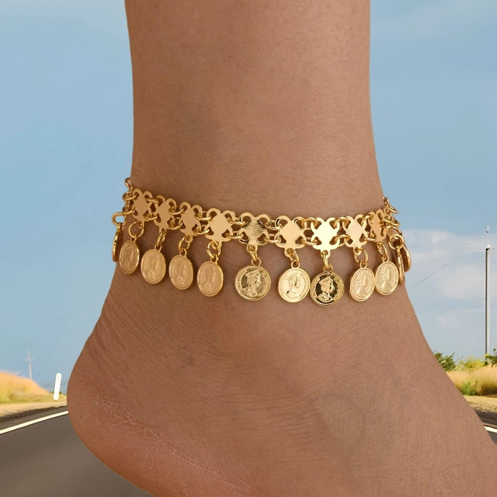 GOLDÉA - 
New Fashion Anklet Gold Color Alloy Coin Tassel Foot Chain Ankle Bracelet Women's Wedding Decoration On Foot