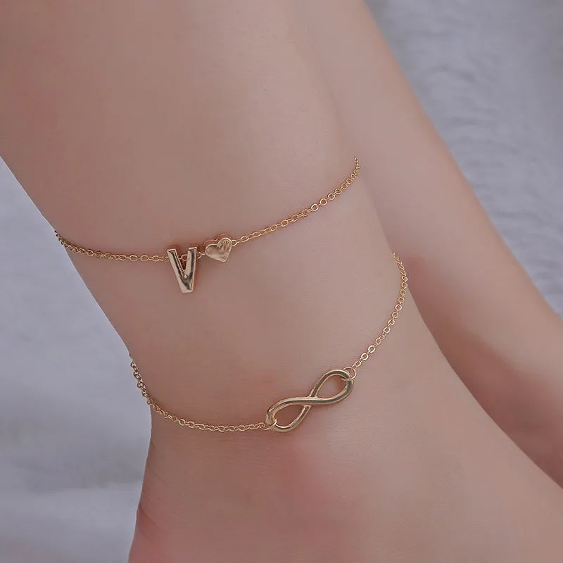BOHOINITIA - 
Boho Initial Anklet Heart Infinity Silver Color Ankle Bracelet on Leg Chain 26 Letter Anklets For Women Ankle Beach Foot Jewelry