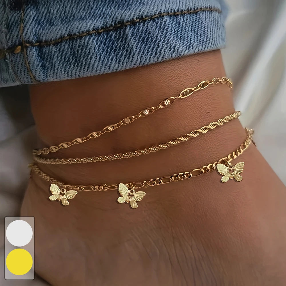 SeaButterfly - 1-3pcs Simple Metal Chain Butterfly Pendant Anklet for Women Adjustable Layered Vintage Minimalist Beach Anklet Set Foot Jewelry