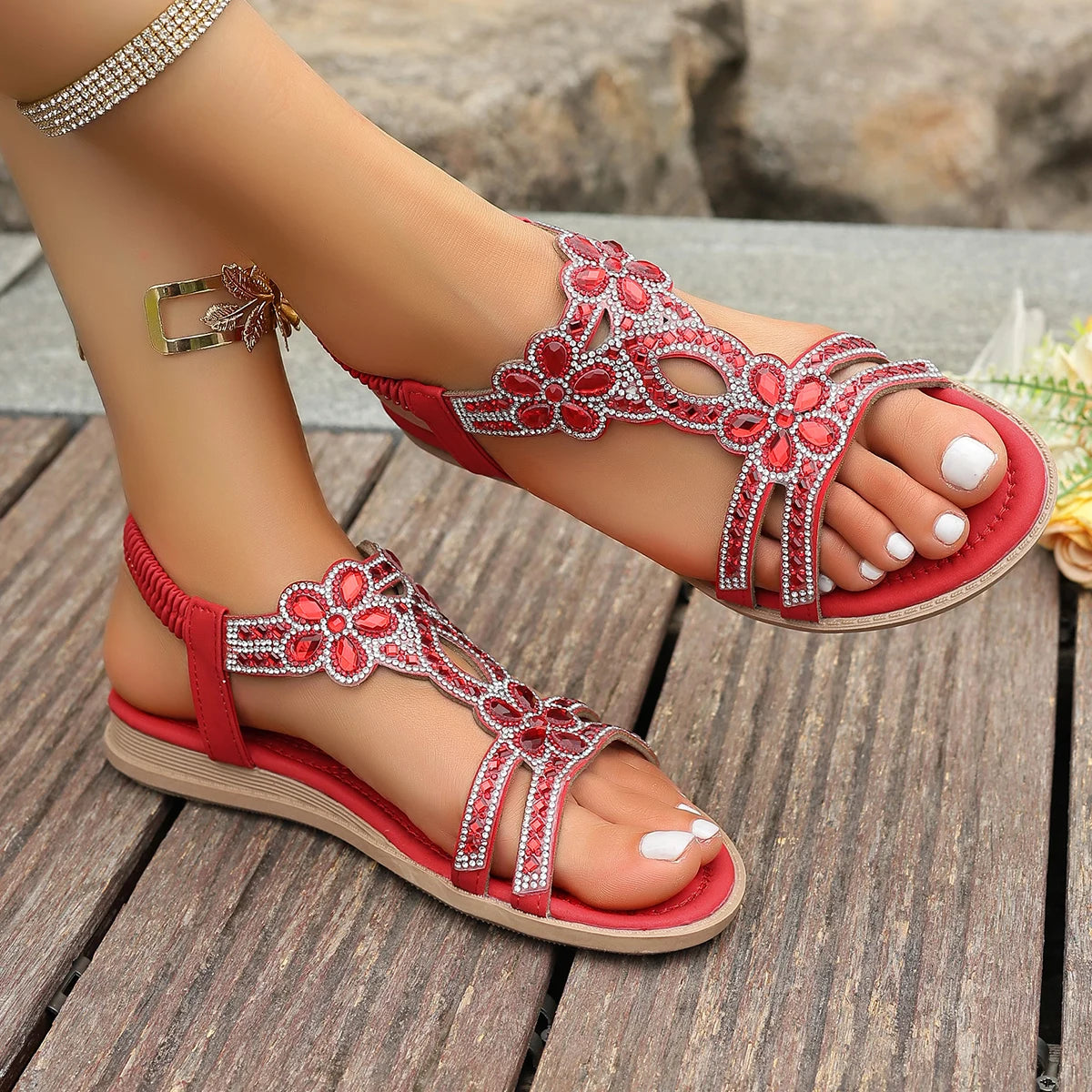SANDORA - 
New Crystal Wedge Gladiator Sandals Women Summer Elastic Band Open Toe Sandals Plus Size Casual Beach Shoes for Woman