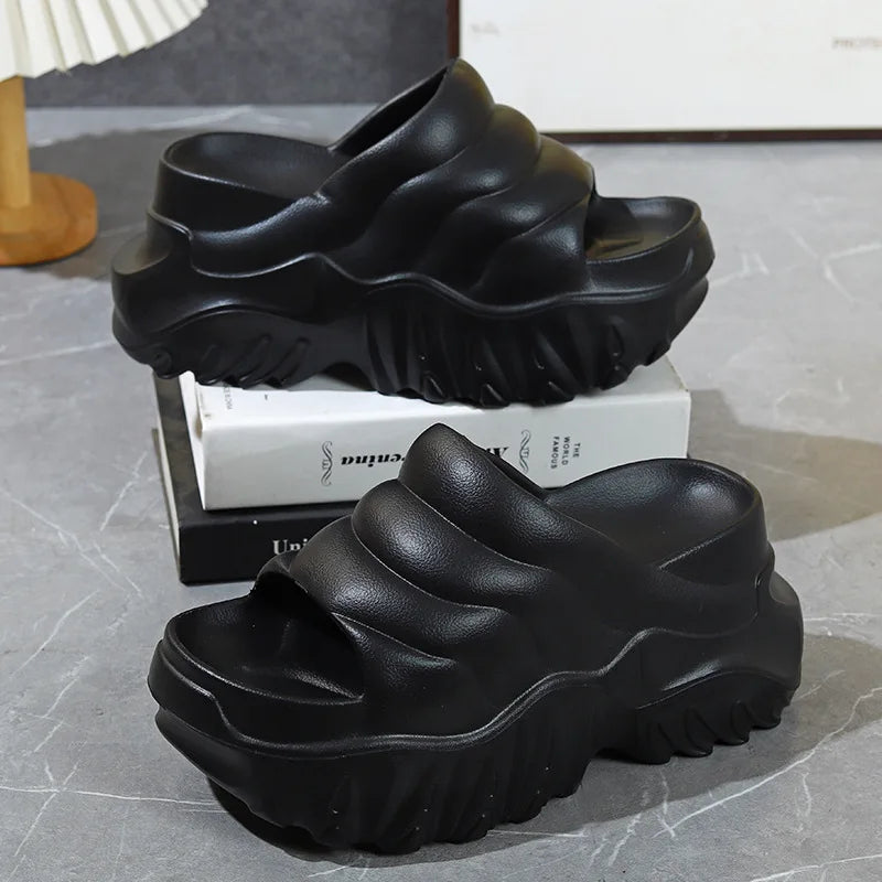 HighTide - New high heel 9 cm platform slipper women summer height increasing shoes girl new chunky sole slides woman wavy pattern slippers