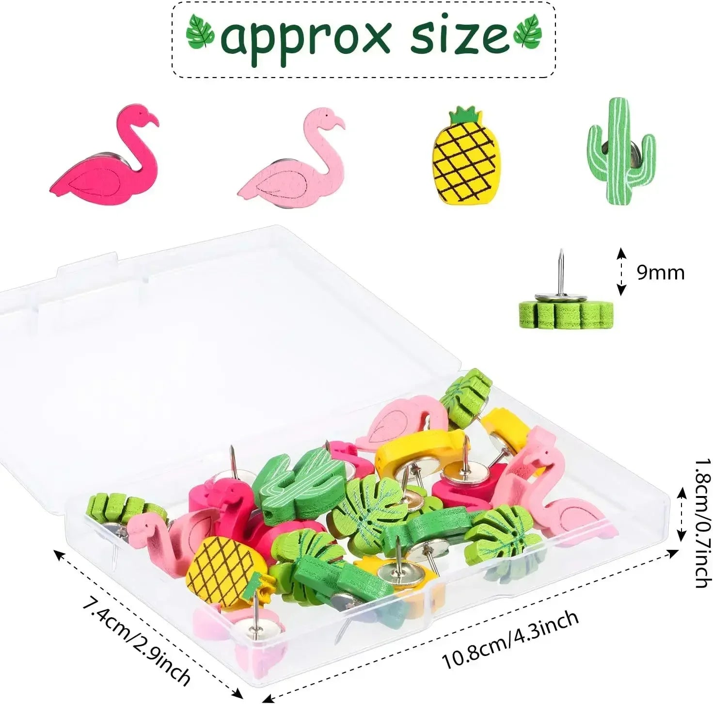 30PCS Decorative Push Pins Wood Push Pins for Home Office Cork Board Tropical Elements Flamingo Pineapple Cactus Palm Leaf