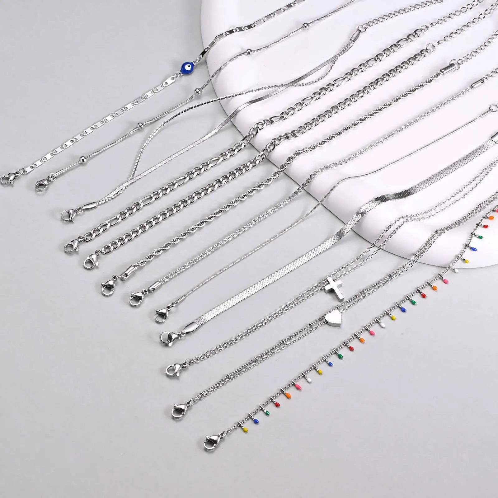 STÉLIA - 
Silver Color Anklet Bracelets for Women Waterproof, Stainless Steel Layered Cuban Chain Herringbone Anklets Summer Beach Gift