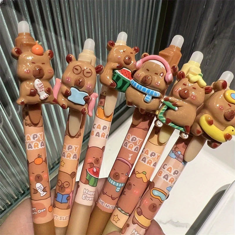 4-Pack Capybara Design Retractable Erasable Gel Pens Suitable for Office Stationery Holiday Gifts Plastic Material Writing Tools Black Ink