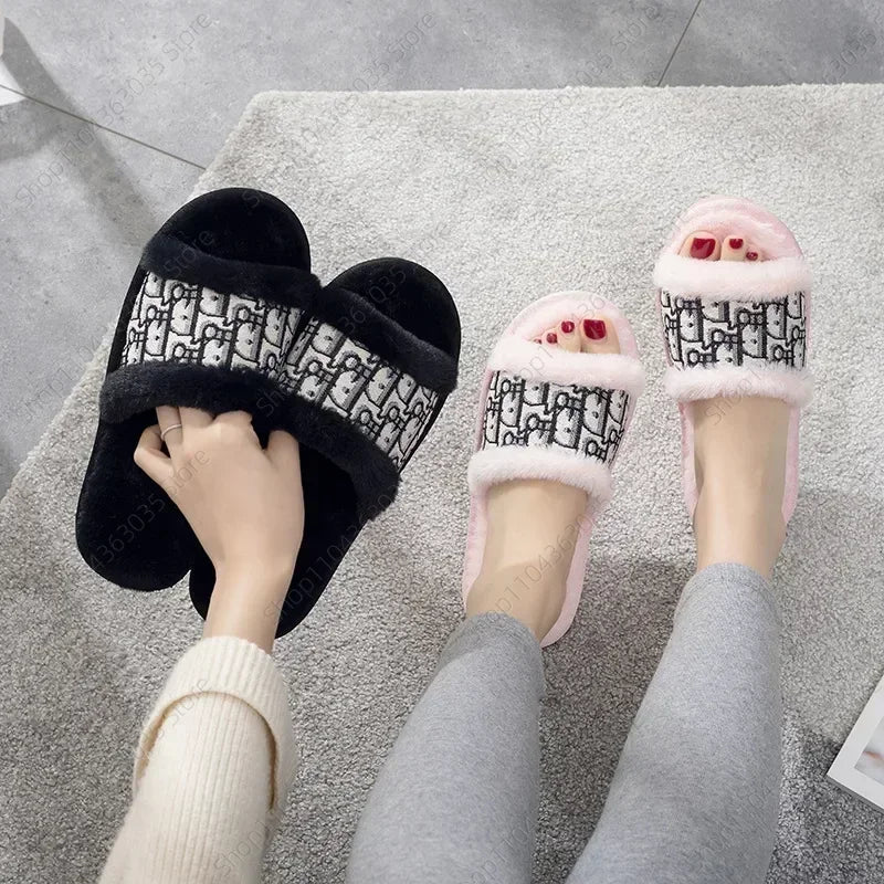 Family Warm - Flat Bottom Slippers For Women's Home Anti Slip Rabbit Hair Fashion Opening Cotton Slippers