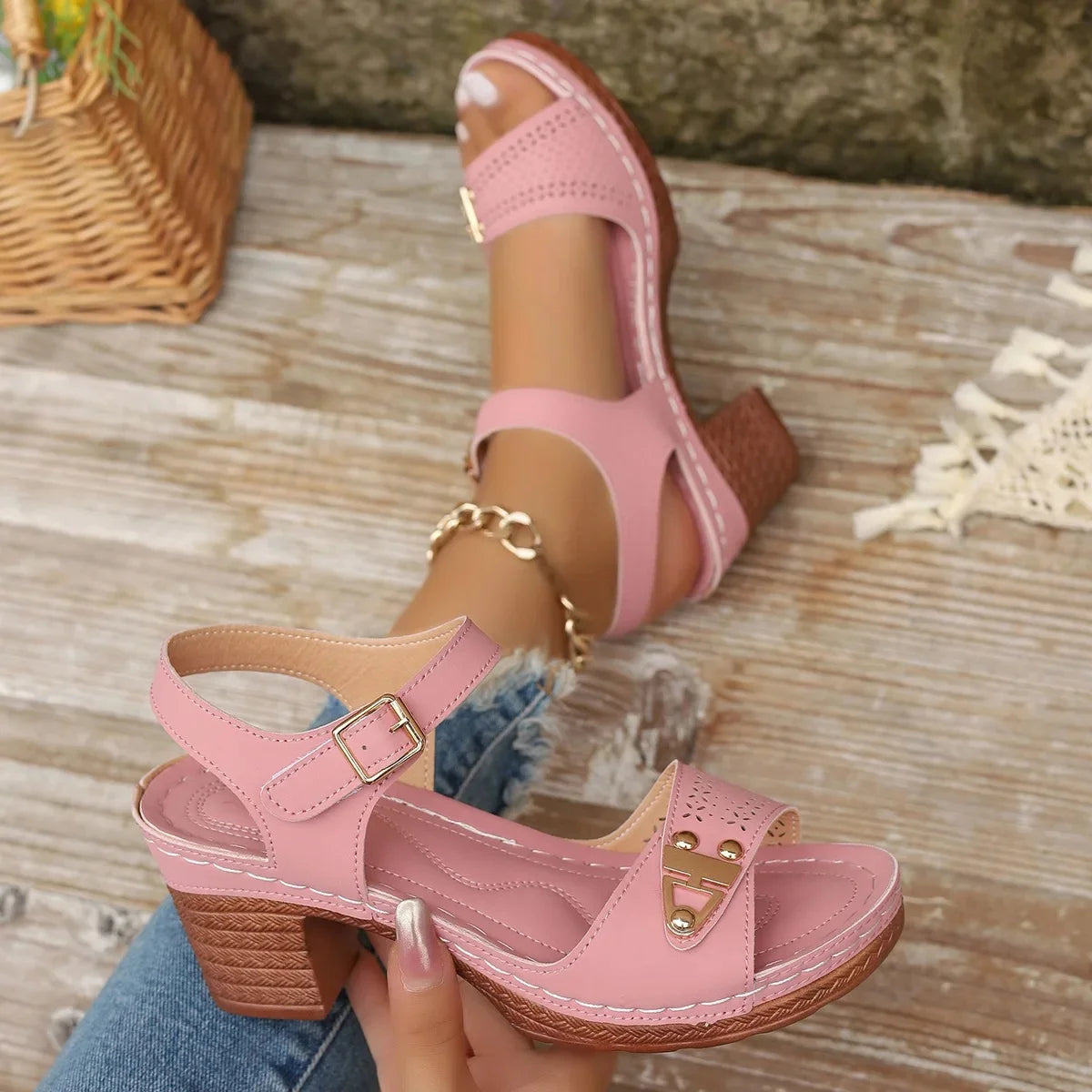 Outdoor Wear - New Large Size High Heels Sandals Roman Style Synthetic Leather Fish Mouth Thick Heel Sandals